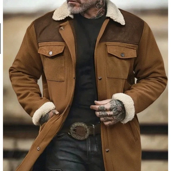 Men's Brown Faux Suede Sherpa Zippered Chore Jacket--NEW--S - Picture 6 of 15